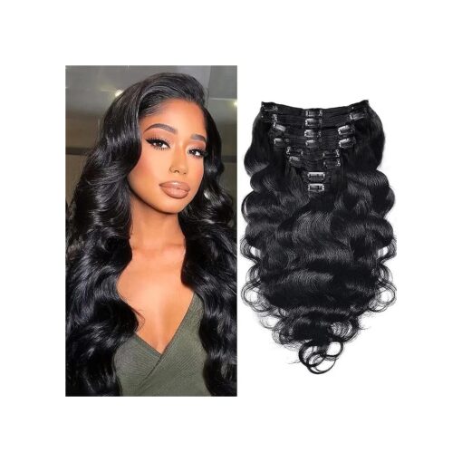 Body Wave Clip In Hair Extensions For Black Women 8Pcs Clip In Human Hair Extensions With 18 Clips Double Weft Natural Color 120g ( 16inch, Natural Black Body )