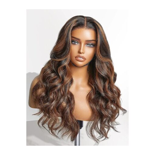 LUVME HAIR 5X5 Brown Highlight Loose Body Wave Glueless Human Hair Wig Pre Cut Lace Front Wig Pre Plucked Ready to Go Long Black Wig For Women ( 20 Inch & Precut Lace Color 1B/30 )