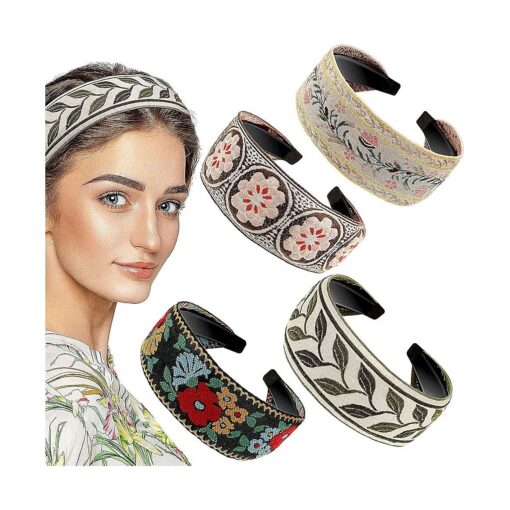 EBOOT 4 Pieces Boho Headband Embroidery Wide Hair Band Bohemia Floral Knotted Wide Headbands Vintage Ethnic Style Hair Band for Women Girls Hair Accessories ( Classic Pattern )