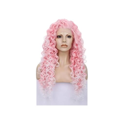 Pink Curly Lace Front Wigs Women Cosplay Costume Daily Wear Bounce Fluffy Wig Hair Heat Resistant 26 Inch ( Pink )