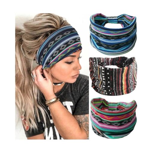 Catery Boho Headbands Blue Stretch Wide Head Bands Knotted Turban Head Wraps Floral Elastic Headband Fashion Sweatband Head Scarfs for Women and Girls Pack of 3