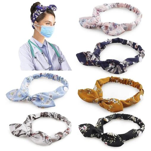 6 Pcs Print Headbands with Buttons for Mask Boho Bow Elastic Headband Non Slip Head Bands Hair Accessories for Nurses Doctors Women Girls