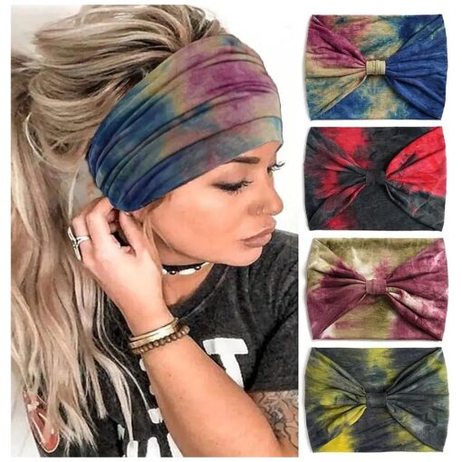 CAKURE Boho Wide Headbands Tie-Dyed Head Bands Thick Head Wraps Knotted Hairbands Elastic Non-Slip Turban SweatBands Hair Fashion Bands for Women and Girls Pack of 4 ( Type A )