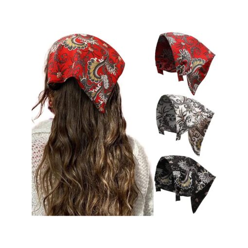 HAIMEIKANG Floral Hair Scarf Headbands for Women Boho Hair Bandanas Scarf for Women Triangle Head Kerchief Solid Color Hair Bands Vintage Head Scarf ( Black+White+Red )