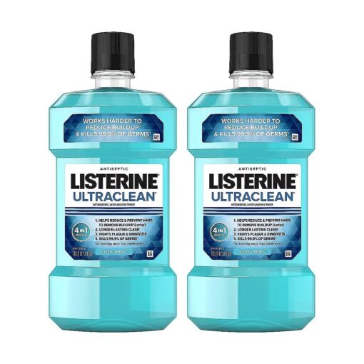 Listerine Ultraclean Oral Care Antiseptic Mouthwash, Everfresh Technology to Help Fight Bad Breath, Gingivitis, Plaque & Tartar, ADA-Accepted Oral Rinse, Cool Mint, 1 L, Pack of 2