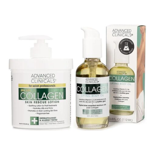 Advanced Clinicals Collagen Body Oil + Collagen Cream Body Lotion & Face Cream Beauty Skin Care 2PC Bundle - Tighten, Firm, & Hydrate Moisturizer Set For Scars, Wrinkles, Crepey Skin, & Stretch Marks