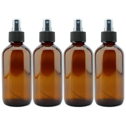 Cornucopia 8-Ounce Amber Glass Fine Mist Spray Bottles ( 4-Pack ) ; Boston Round w/Atomizer Spritzers for Aromatherapy, Perfume, Cologne, DIY & More