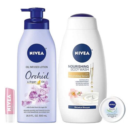 Nivea In Bloom Variety Pack - 4 Piece with Body Lotion, Body Wash, Lip Balm, and Multipurpose Cream