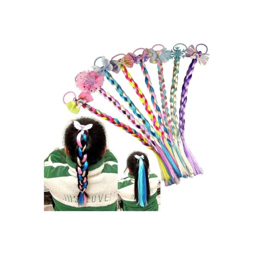 Hair Extensions For Kids Colored Braids Hair Extensions with Rubber Bands Ponytails Extensions Rainbow Color Synthetic Hairpieces Glitter Braided Wig for Girls Cosplay Hair Accessories Bow Braid Wig