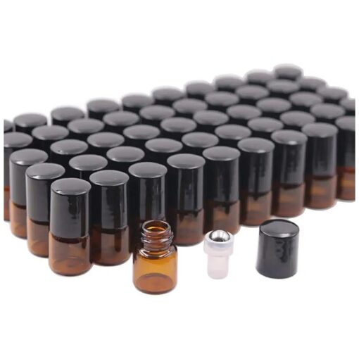 50 Pack 1ml Amber Glass Vials Roll On Bottle, Glass Roller Bottle With Stainless Steel Roller Ball, Black Cap Lid-Perfect Sample For Essential Oils, Aromatherapy, No Leak, Free Opener & Dropper