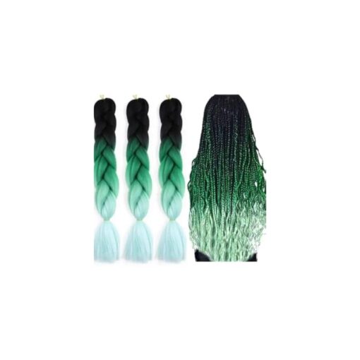 Braiding Hair Extension Jumbo Ombre Colorful for Crochet Braiding 6 Packs ( High temperature, Synthetic Fiber, 24 inches ) ( 3 Bundles, Black to Green to Light green )