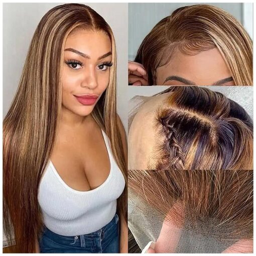 Ombre Highlight Lace Front Wig Human Hair 13x4 Glueless Transparent HD Lace Frontal Wigs Pre Plucked With Baby Hair Straight Brazilian Blonde 4/27 Human Hair Wigs ( 20Inch, 4/27 lace front wig13x4 )