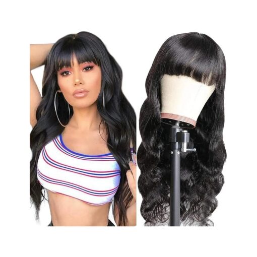 Hermosa 9A Brazilian Body Wave Human Hair Wigs with Bangs for Black Women 150 % Density Half Machine Lace Front Wigs Human Hair Natural Black Color 16 inch