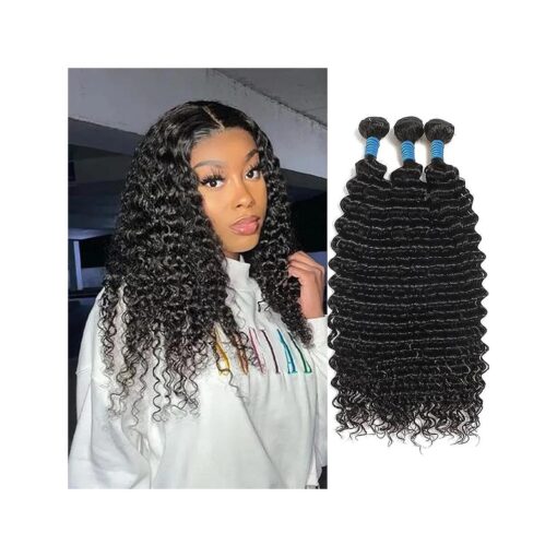 Brazilian Deep Wave 3 Bundles Human Hair 10A Grade 100 % Unprocessed Virgin Deep Curly Wave Extensions Double Weft Human Hair Weave Bundles Natural Color 12 14 16