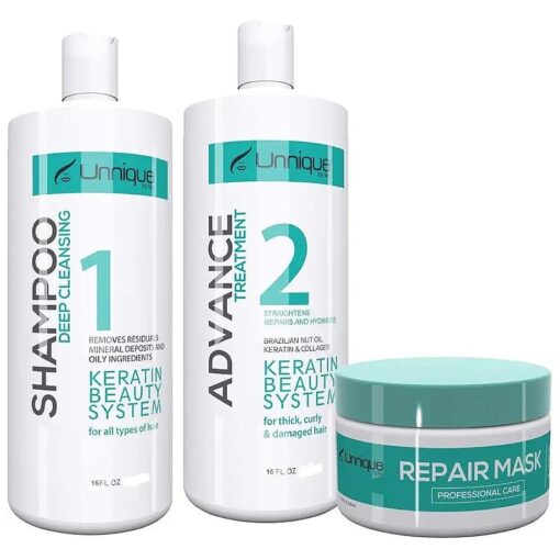 UNNIQUE Advanced Keratin Hair Treatment Kit 16 FL Oz- Clarifying Shampoo, Brazilian Smoothing Treatment & Deep Repair Hair Mask + FREE Styling Comb