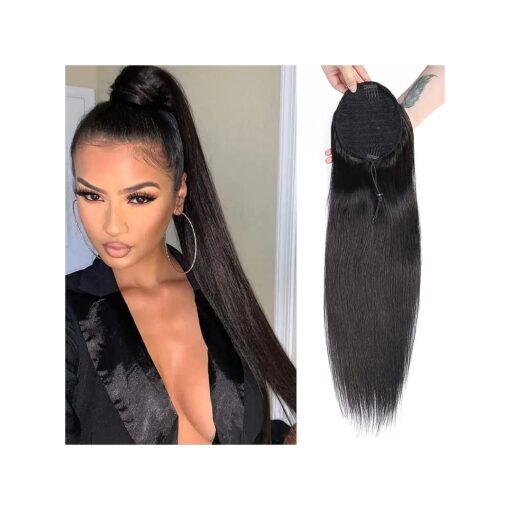 Straight Ponytail Human Hair for Black Women Remy Clip In Human Hair Ponytail Hairpiece Natural Color 10A Brazilian Straight Drawstring Pony Tail Extensions 120g ( 18 Inch )