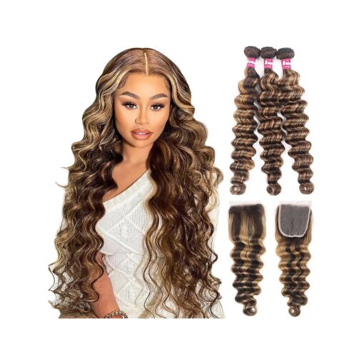 4/27 Bundles with Closure Human Hair Loose Deep Curly Ombre Bundle with Closure, 10A Loose Deep Bundles and Closure ( 18 20 22+18, Free Part ) 100 % Unprocessed Brazilian Virgin Hair with Closure