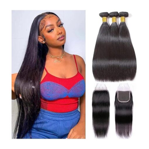 10A Brazilian Straight Human Hair 3 Bundles with Closure 10 12 14+10 Inch Straight Bundles with Closure Human Hair 100 % Unprocessed Straight Virgin Hair Weave Bundles Human Hair with Closure HD Lace