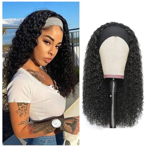 Curly Headband Wig Human Hair Brazilian Virgin Wear and Go Wigs for Black Women Glueless No Lace Front Scarf Machine Made 150 % Density Natural Color 16 inch