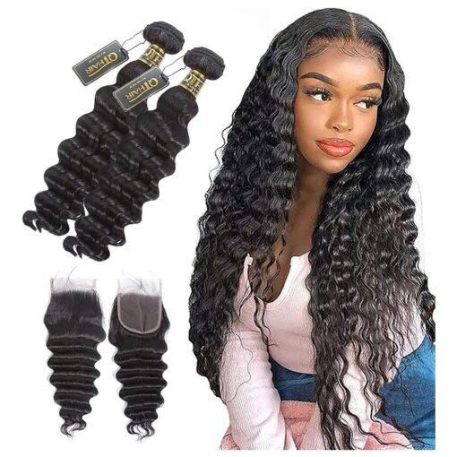 QTHAIR 12A Brazilian Human Hair Loose Deep Wave Bundles with Closure ( 12 12+10 ) 100 % Brazilian Virgin Hair Loose Deep Curly 100 % Human Hair 2 Bundles with Closure Natural Color