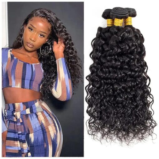 Water Wave Bundles 10A Brazilian Water Wave Human Hair Bundles ( 16 18 20 Inch ) 100 % Unprocessed Human Hair 3 Bundles Water Wave Hair Extensions Double Weft Natural Color for Black Women