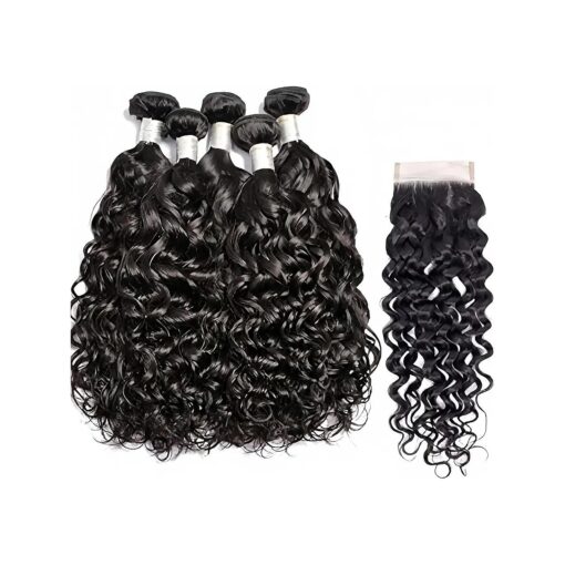 Brazilian Water Wave 5Bundles ( 50g/bundle ) with 4x4 Lace Closure Wet and Wavy Bundles With Closure Deep Curly Human Hair Bundles with Closure ( 10/10/10/10/10+10 )