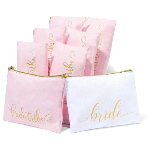 Heather & Willow 8 Piece Set | Bride Tribe Bridesmaid Gifts Bags, Canvas Makeup Bags Cosmetic Clutch & Purse | Bachelorette Party Favors | Bridesmaid Proposal Box for Wedding Bridal Shower - Blush