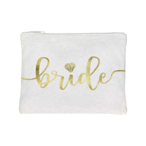 Bride Tribe Makeup Bags - Bridesmaid Favor for Bachelorette Party, Bridal Shower, Wedding, Cosmetic Toiletry Bag, Wedding Survival Kit, Hangover Kit, Keepsake ( 1pc Bride, White & Gold )