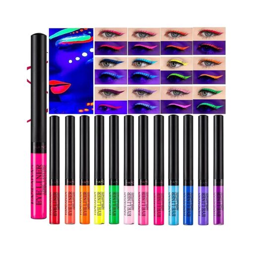 12 Colors Neon Colorful Liquid Eyeliner Set UV Glow in the Dark Bright Rainbow Colored Pigmented Graphic Liquid Eyeliner Pen, Eye Makeup Gift Kit