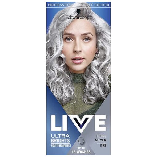 Schwarzkopf LIVE Ultra Brights Or Pastels, Vibrant Semi-permanent Silver Hair Dye, Lasts Up to 15 Washes, Steel Silver 098