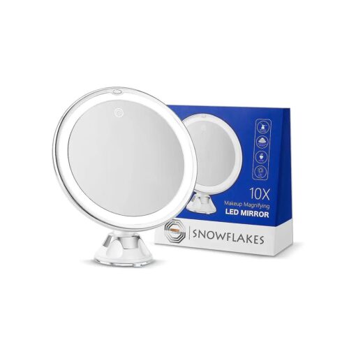 Snowflakes 10x Magnifying Lighted Makeup Mirror with Lights, Suction Cups, and 360deg Swivel - Touch Control, 3 Light Modes - Ideal for Home, Bathroom Vanity, and Travel