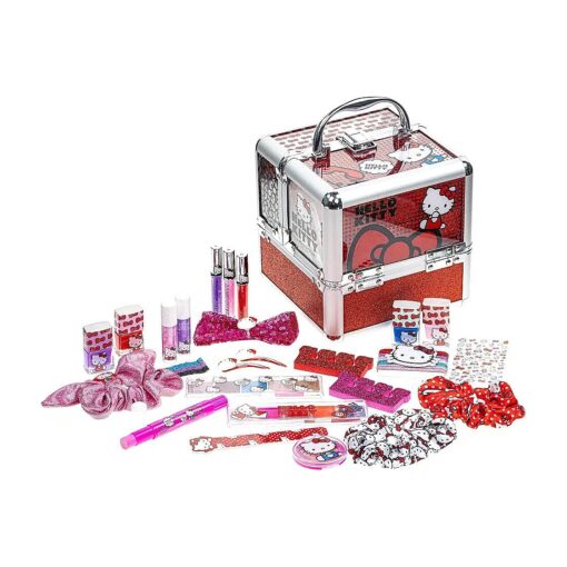 Hello Kitty - Townley Girl Train Case Cosmetic Makeup Set Includes Lip Gloss, Eye Shimmer, Nail Polish, Hair Accessories & More ! For Girls, Ages 3+ Perfect for Parties & Makeovers