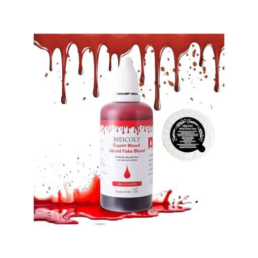 MEICOLY 2.1Oz Halloween Dripping Fake Blood, Safe Realistic Washable Edible Liquid Blood with 0.7 Oz Cleaning Soap, Squirt Blood for Clothes, Zombie Vampire Monster, SFX Cut Flesh Wound Makeup, Bright