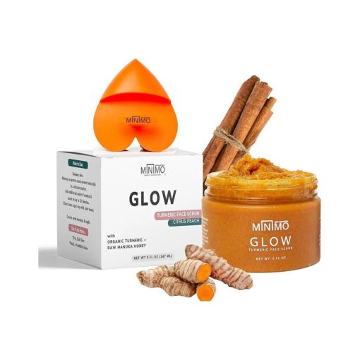 Minimo Glow Turmeric Face Scrub ( Citrus Peach ) With Heart Applicator - Infused with Turmeric, Manuka Honey, Cinnamon, and Chamomile - Turmeric Glow Face Scrub for All Skin Types - 5 FL OZ ( 147 ML )