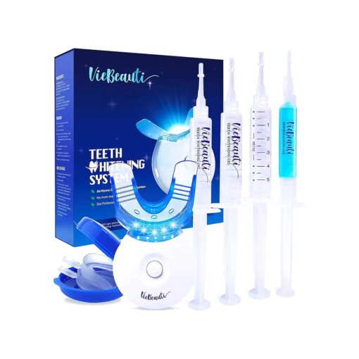 VieBeauti Teeth Whitening Kit - 5X LED Light Tooth Whitener with 35 % Carbamide Peroxide, Mouth Trays, Remineralizing Gel and Tray Case - Built-in 10 Minute Timer Restores Your White Smile