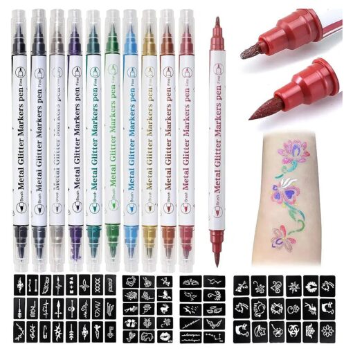 Erinde Temporary Tattoo Markers for Skin, 10 Colors Body Marker Pen + 67 Large Tattoo Stencils for Kids and Adults, Skin-Safe Dual-End Tattoo Pens Make Bold and Fine Lines for Body & Face Paint