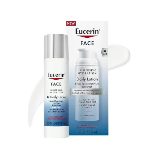 Eucerin Face Immersive Hydration Daily Face Lotion Broad Spectrum SPF 30 Sunscreen, Daily Moisturizer with Hyaluronic Acid Smooths Fine Lines and Wrinkles, 2.5 Fl Oz Bottle