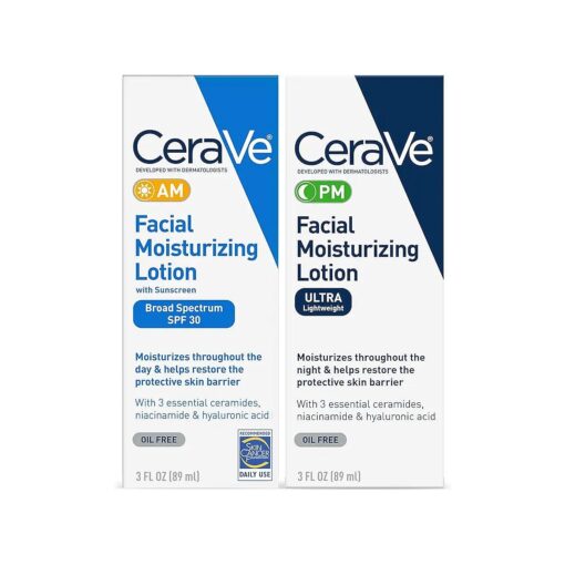 CeraVe Day & Night Face Lotion Skin Care Set | Contains AM with SPF 30 and PM Face Moisturizer | Fragrance Free