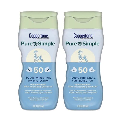 Coppertone Pure and Simple Sunscreen Lotion, SPF 50 Broad Spectrum Sunscreen with Zinc Oxide, 6 Oz, Pack of 2