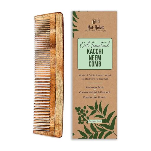 Kacchi Neem Comb Treated With Neem Oil, Bhringraj & 17 Herbs ( Dual Tooth ) 18-20Cm Length Brown