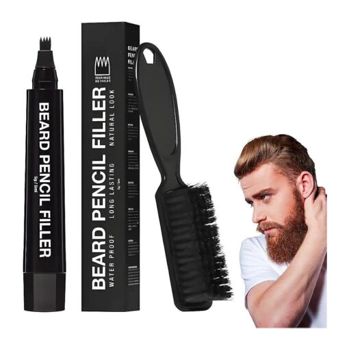 Kit Filler for Beard, Waterproof, Long Lasting Coverage and Natural Finish for Beard, Mustache and Eyebrows, Micro-Fork Tip for Seamless Application, Bristle Brush Included ( Brown beard pen + brush )