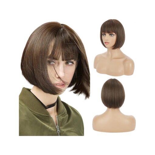 REECHO Brown Bob Wig with Bangs, 11" Short Bob Wigs Synthetic Replacement Hair Wigs for Women - Chestnut Brown