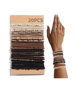 20 PCS Boho Hair Ties, Brown Bracelets Hair Ties for Thick or Thin Hair, 4 Styles Boho Ties for Ponytail Holders, 2.36" Hair Ties No Damage