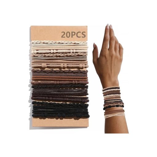 20 PCS Boho Hair Ties, Brown Bracelets Hair Ties for Thick or Thin Hair, 4 Styles Boho Ties for Ponytail Holders, 2.36" Hair Ties No Damage