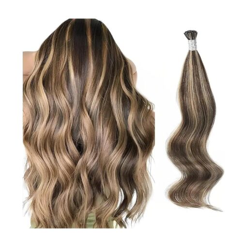 ABH AMAZINGBEAUTY HAIR I Tip Hair Extensions Real Remy Hair 18 Inch Tip Human Hair Extensions Chocolate Brown Highlighted Caramel Blonde I Tip Fusion Human Hair Extensions Brown Color 50G/50Strands