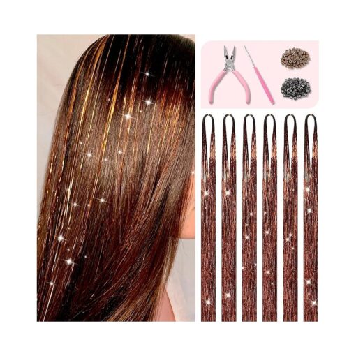 Brown Hair Tinsel Kit with Tools and Instruction Easy to Use 1200 Strands 48 Inches Glitter Tinsel Hair Extensions for Women and Girls, Sparkling Shinny Fairy Hair Accessories for Christmas New Year Halloween Cosplay Party