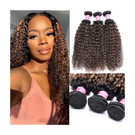 UNICE Brown Highlight Deep Curly Human Hair Weave 3 Bundles 8 10 12 inch Brazilian Remy Hair Balayage Blonde Human Hair Extensions Ombre Dark Root Weft for Sew in Make Wigs FB30 Color