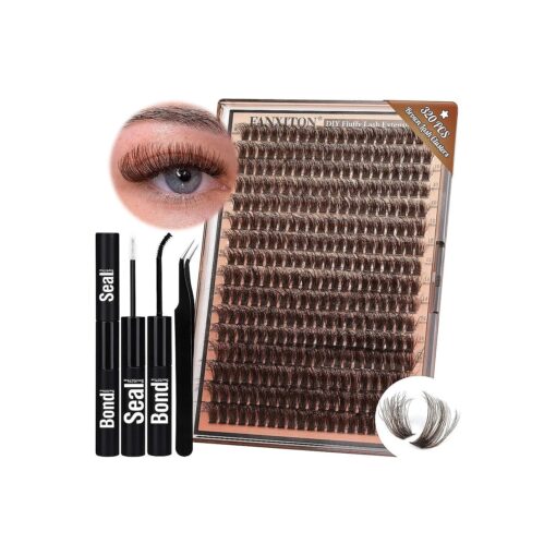 Brown Lash Clusters 320Pcs Lash Extension Kit Fluffy DIY Eyelash Extensions Kit Natural Look Cluster Lashes D Curl 8-16MM Mixed with Lash Bond and Seal Lash Tweezers for Lash Clusters Kit DIY at Home