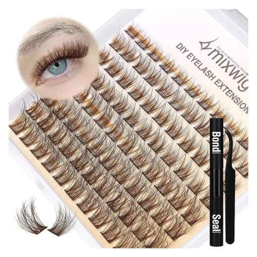 Brown Lashes Clusters Kit Natural Eyelash Extension Fluffy Brown Lash Extensions CC Curl Individual Lashes Kit with 8-16MM Brown Lash Clusters Lash Bond and Seal & Lash Applicator