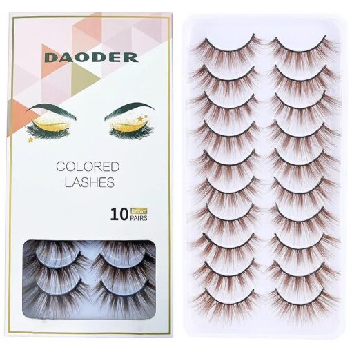 DAODER False Eyelashes Brown Colored Lashes Natural Look Cat Eye Wispy 15mm Blonde Mink Lashes Soft Handmade Reusable Fake Eyelashes Pack 10 Pairs ( Brown Lashes )